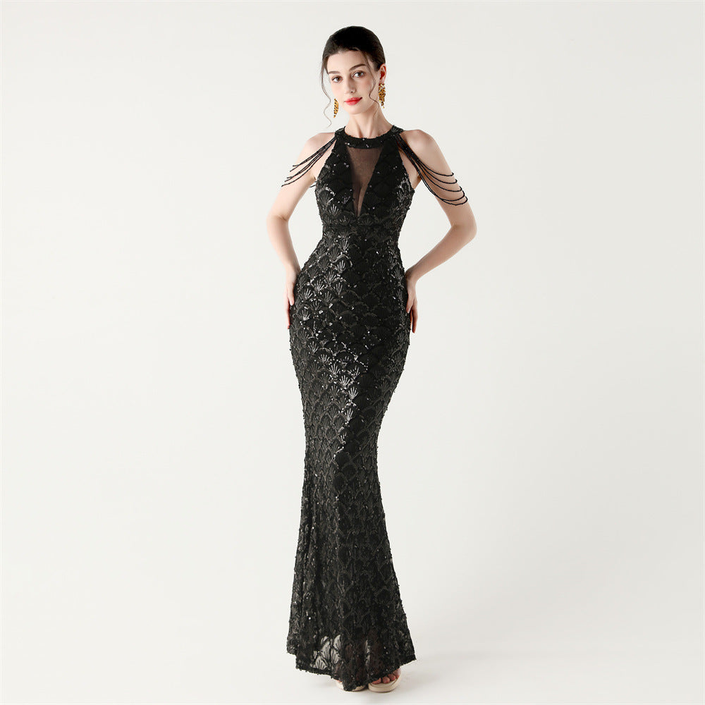 Sequin Fishtail Evening Dress Halter Neck Off-Shoulder Party Gown 6