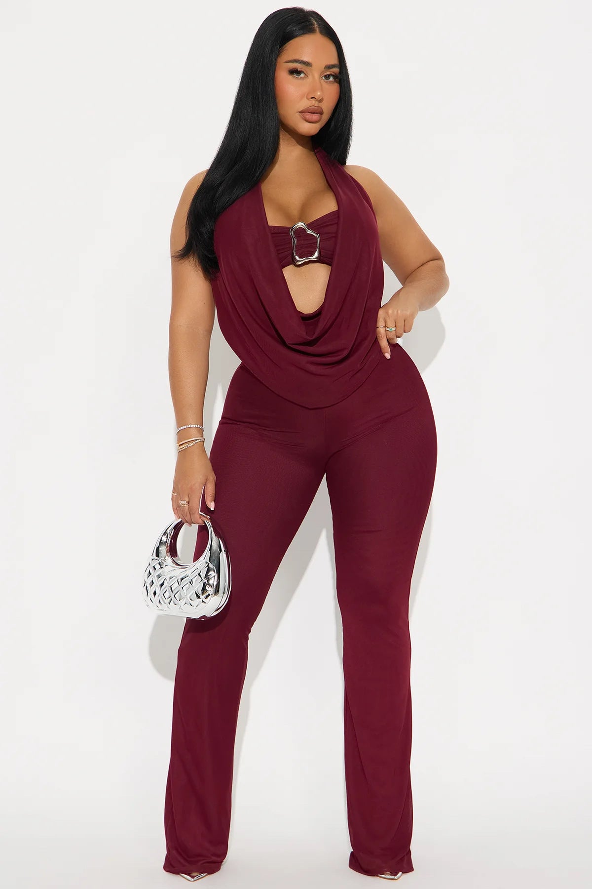 Women Summer Sexy Metal Strapless Halter Neck Top and Pants Two-Piece Set 3