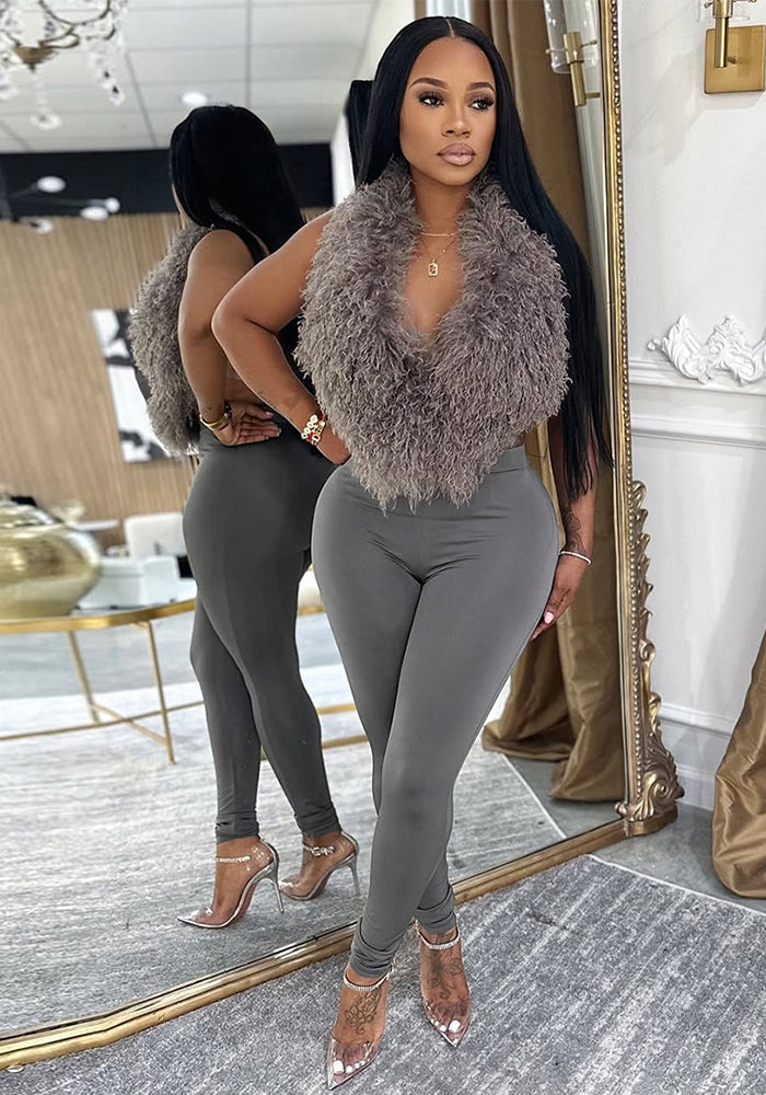 Women Fall Sexy Halter Neck Lace-Up Backless V-Neck Top and Pant Two-Piece Set