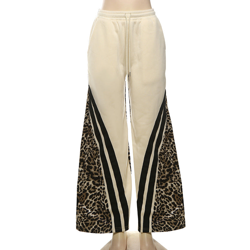 Autumn Style Street Trend Leopard Print Striped Color Block High Waist Loose Sweatpants 14