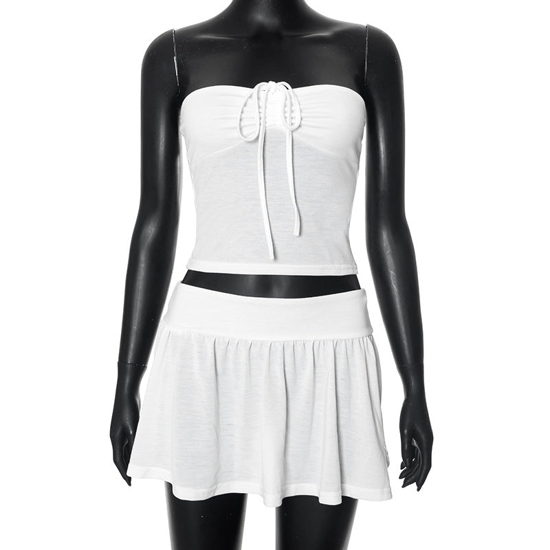 Women's Summer Strapless Low Back Ruffled Casual Two Piece Skirt Set 12