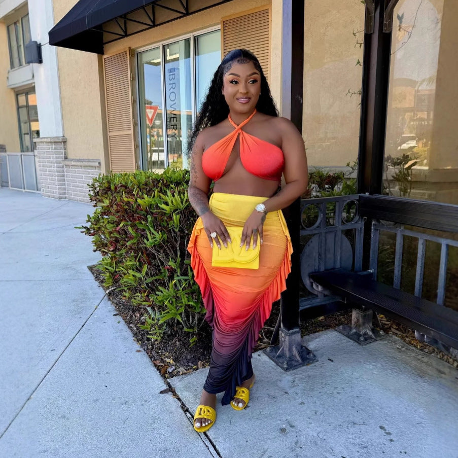 Women Gradient Print Pleated Crop Top and Skirt Two-Piece Set 5