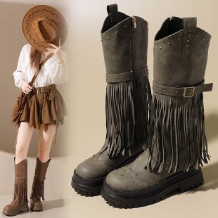 Plus Size Riding Boots with Fringe & Buckle  Mid-Calf Shoes for Women 4