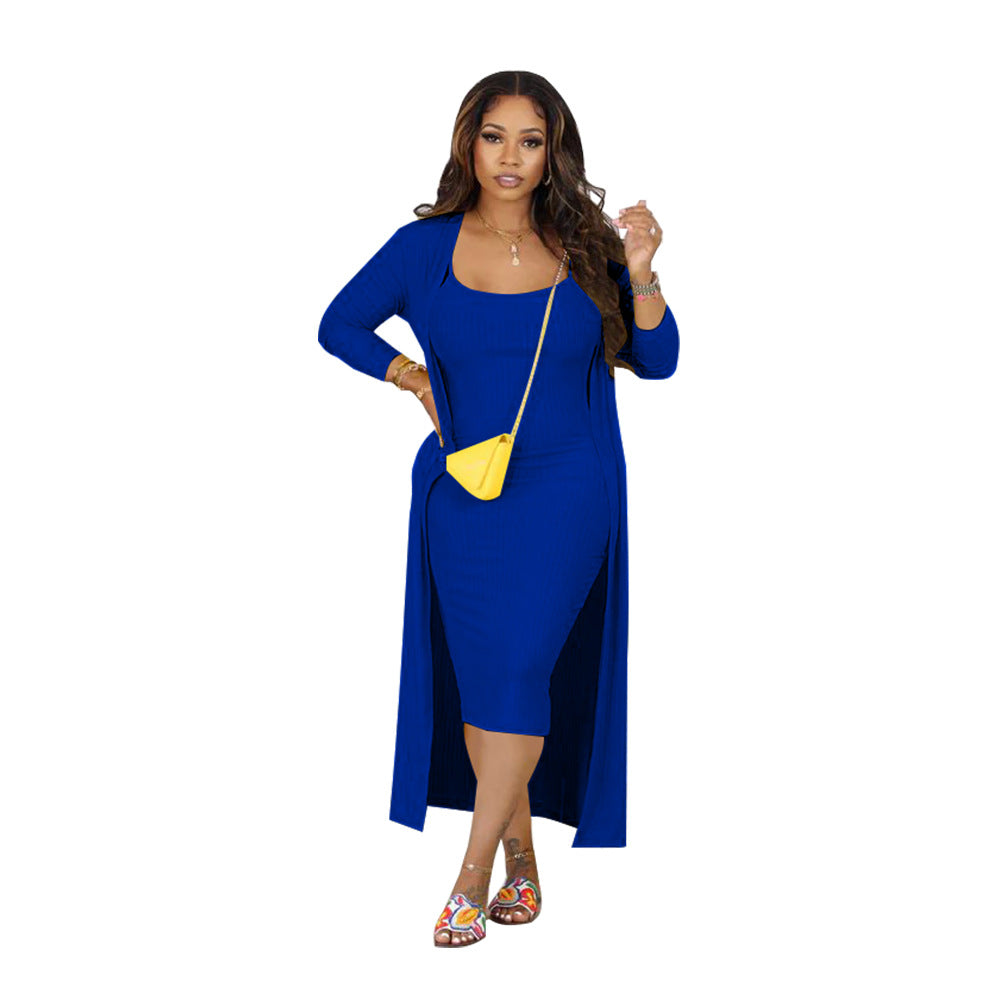 Women Ribbed Long Sleeve Robe and U-neck Suspender Midi Dress Two-piece Set 8