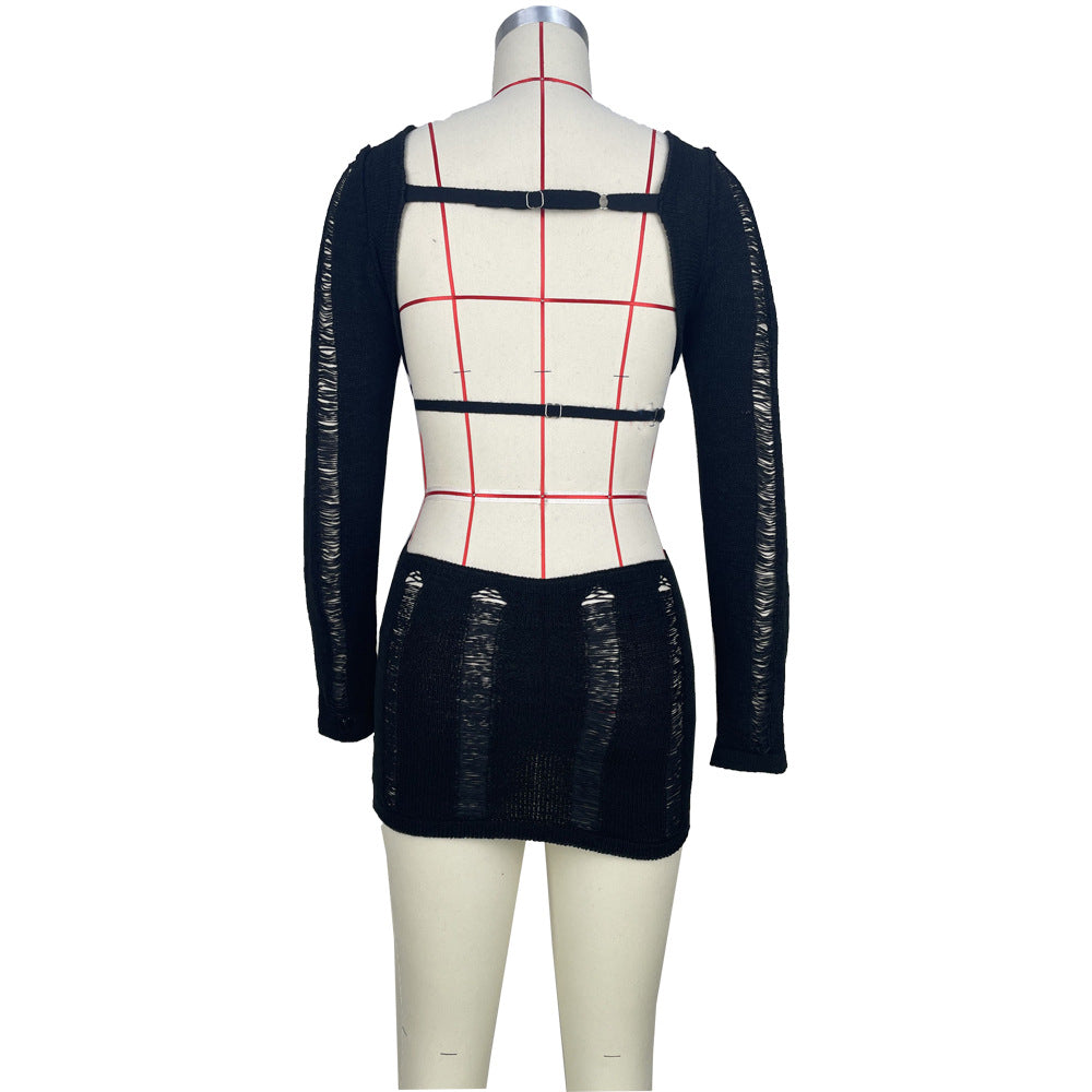 Women's Sexy Hollow Thin Long Sleeve Top Round Neck Hollow Back Dress 11