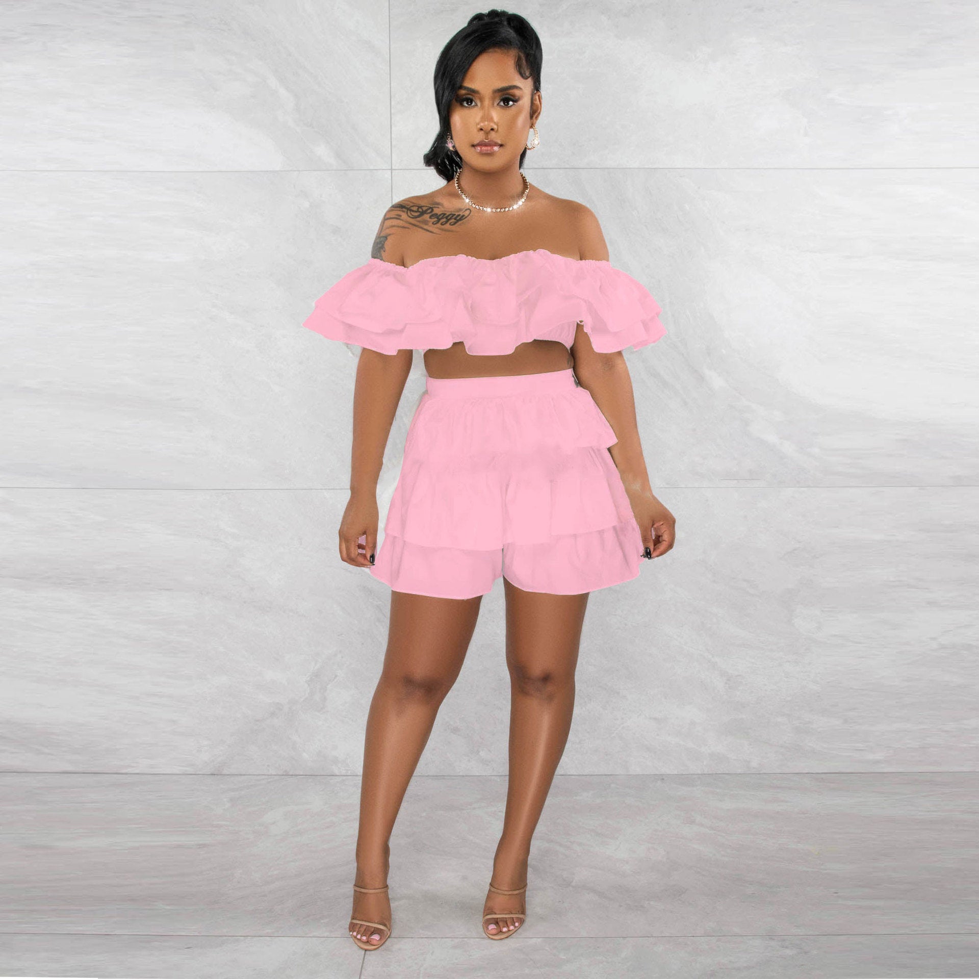 Women Sexy Ruffle Top and Shorts Two-Piece Set 7