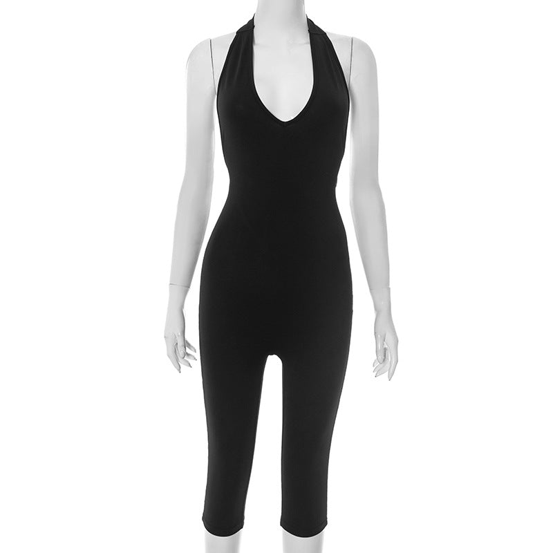 Women Spring and Summer Solid Halter Neck V Neck Backless Jumpsuit with Tie 15