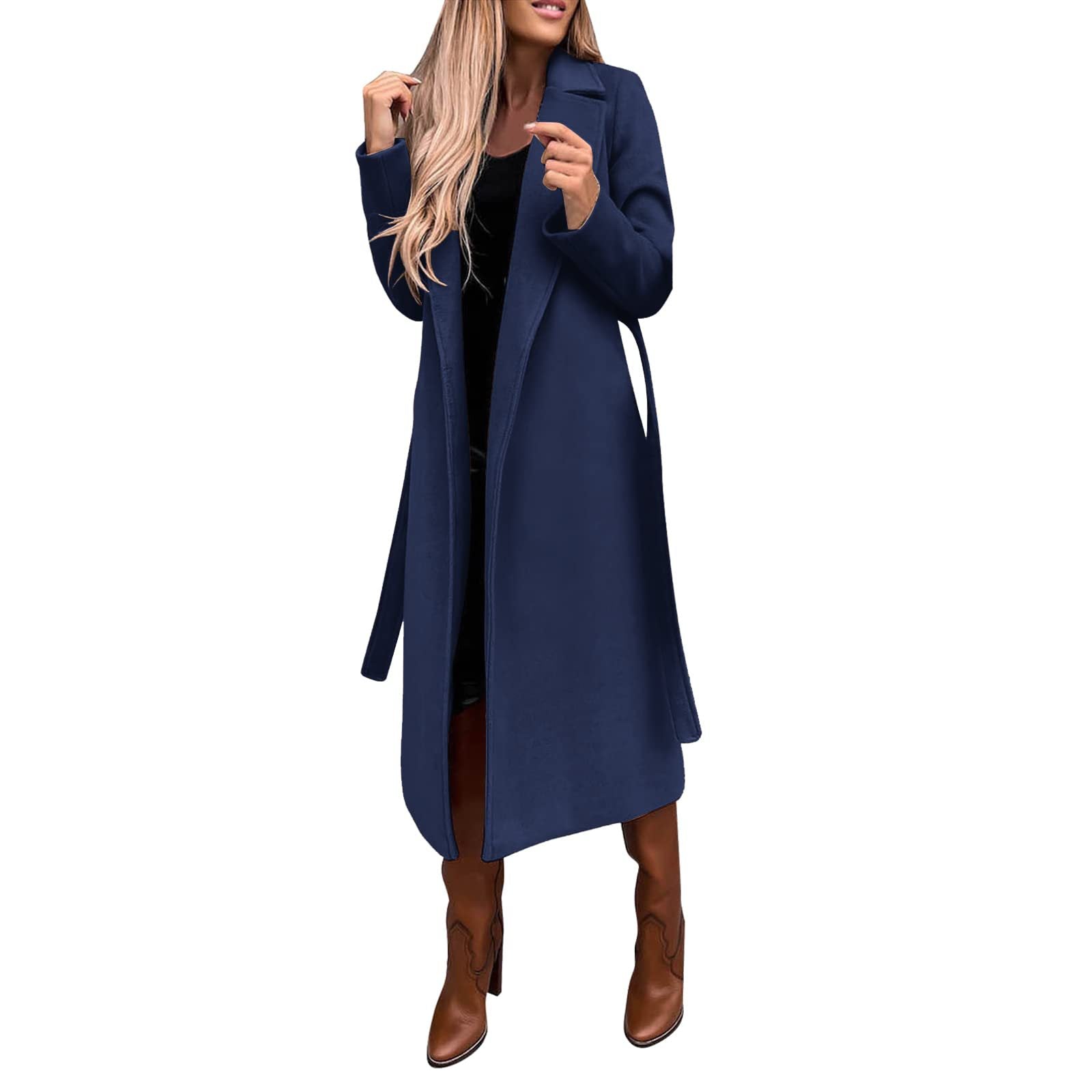 Women Solid Turndown Collar Long Sleeve Lace-Up Coat 12