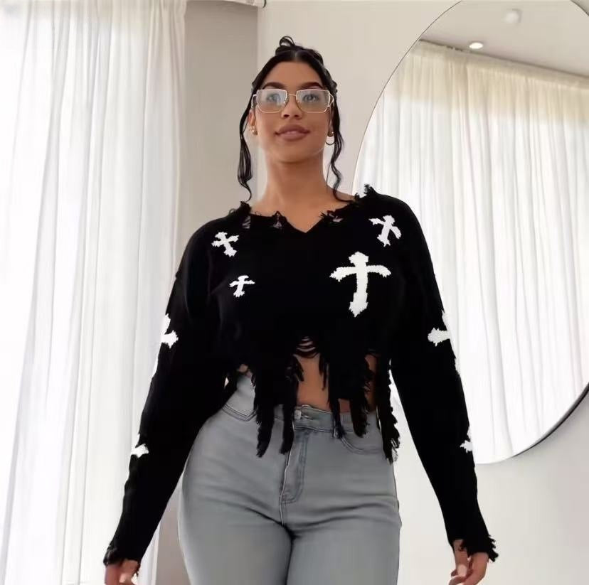 Women Cross Ripped Tassel Dark Long-Sleeved Pullover Knitting Sweater 9