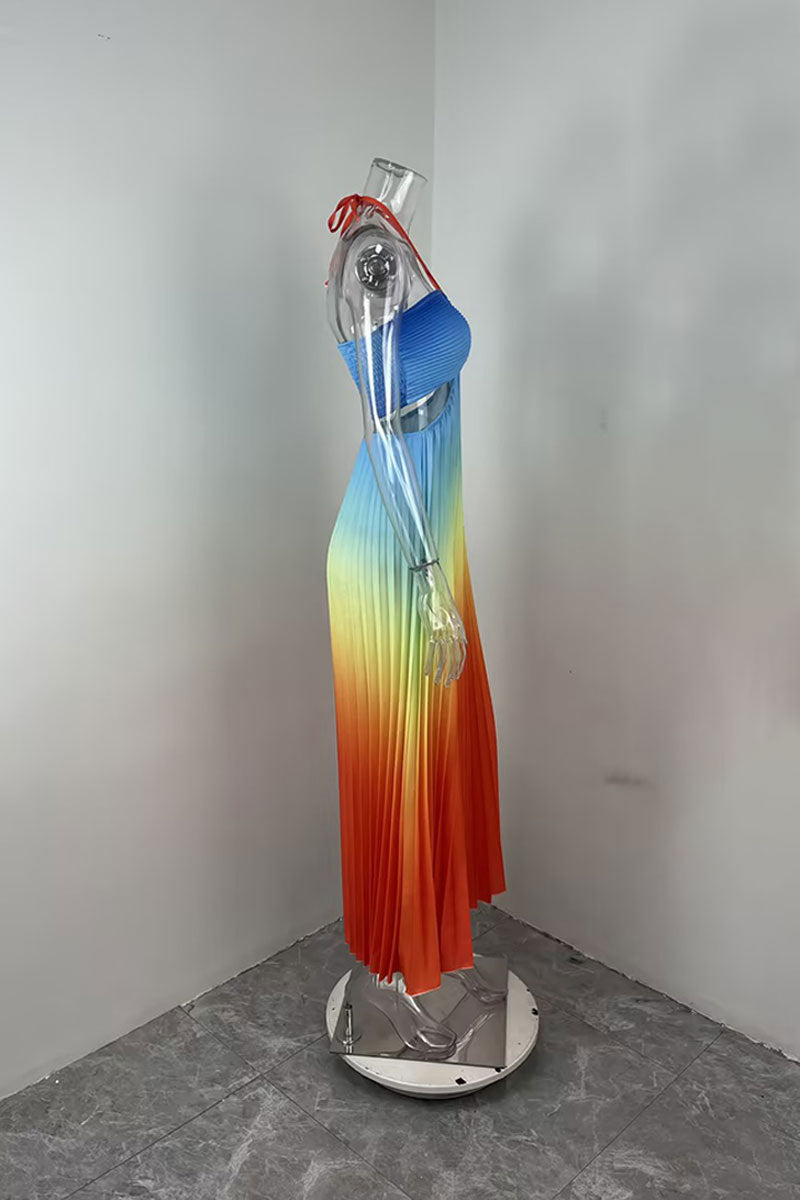 Women summer gradient Halter Neck pleated beach Holidays Maxi Dress 24