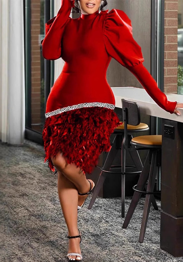 Women Red Lantern Long Sleeve Feather Dress