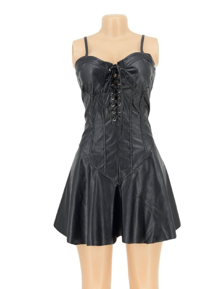 Women Spring Black Vintage Sleeveless Solid PU Leather Mini Casual Dresses 3