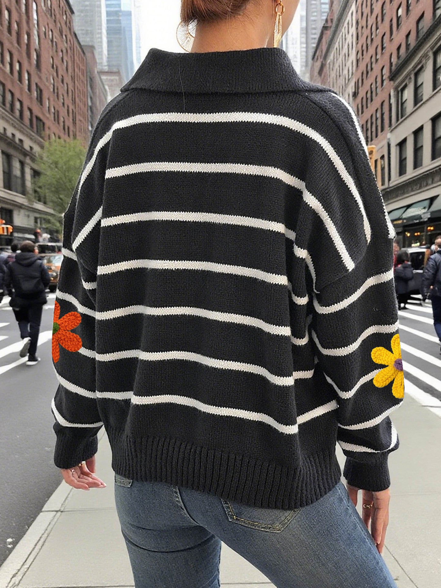 Women striped embroidered flower Patchwork Polo neck sweater 5