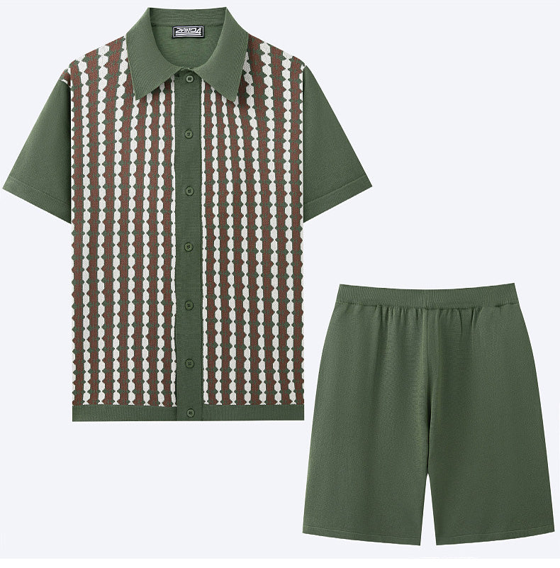 Men's Casual Knitting Short Sleeve Jacquard Polo Top and Shorts Two Piece 5