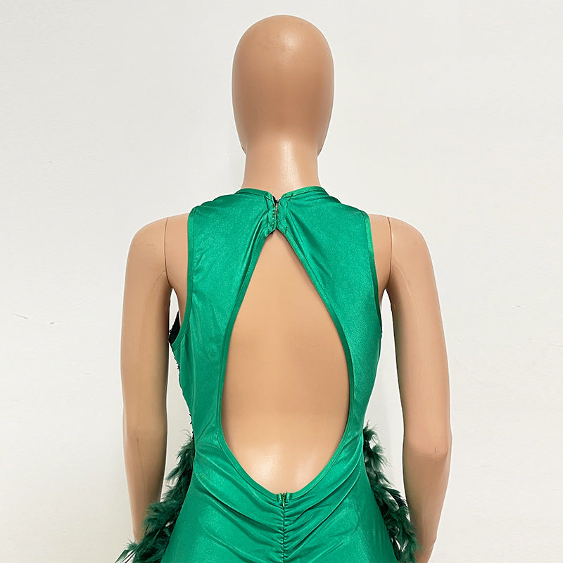 Summer Women's Deep V Neck Low Back Sequin Feather Bodycon Dress 29