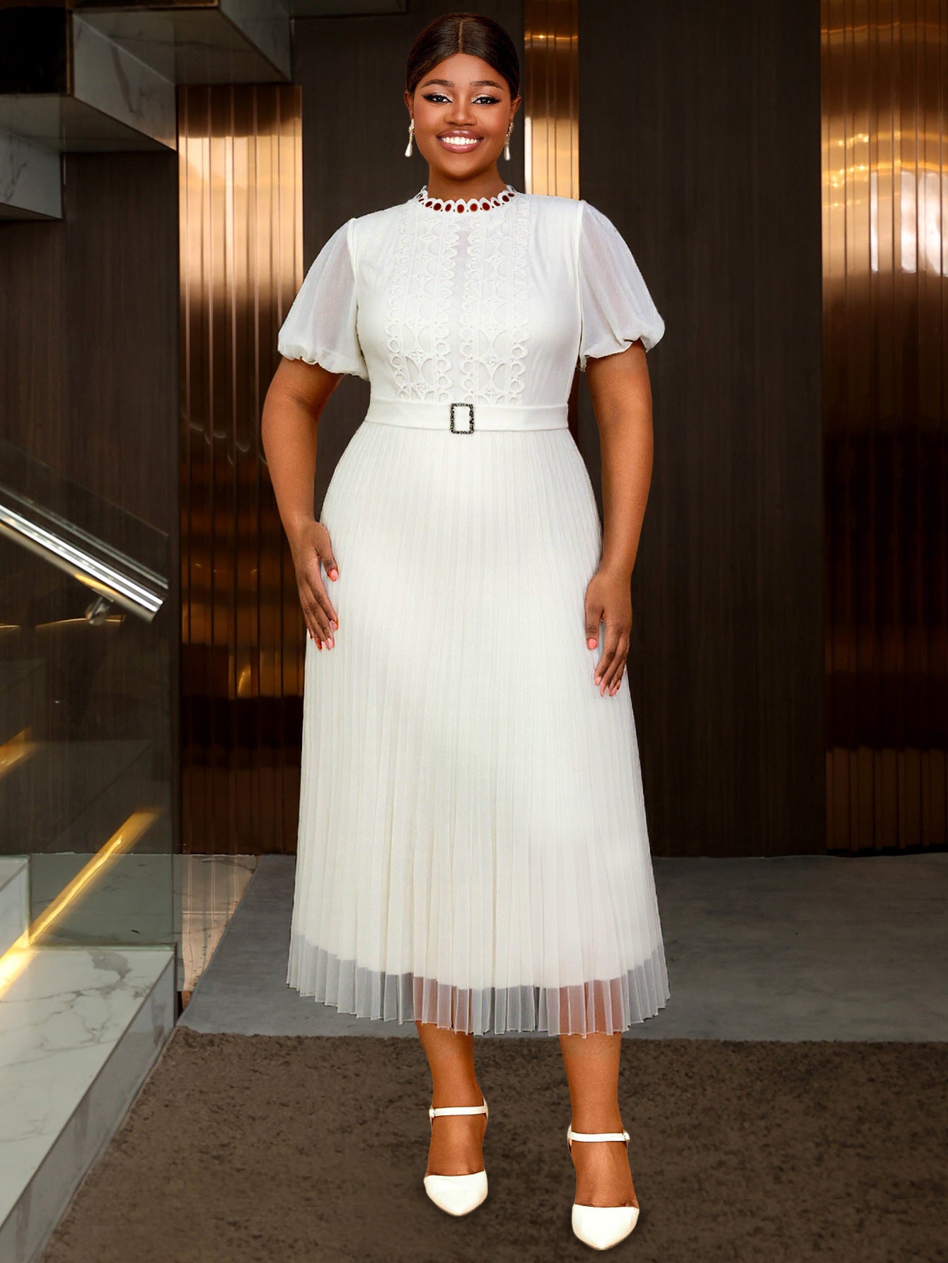 Plus Size Women's Elegant White Lace Cut-Out Dress Puff Sleeve Rhinestone Button Pleated Midi Party Dress 3