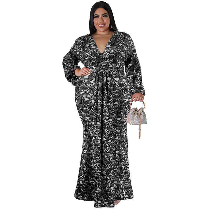 Plus Size Women'S Print V-Neck Fashion Long Sleeve Mermaid Long Dress