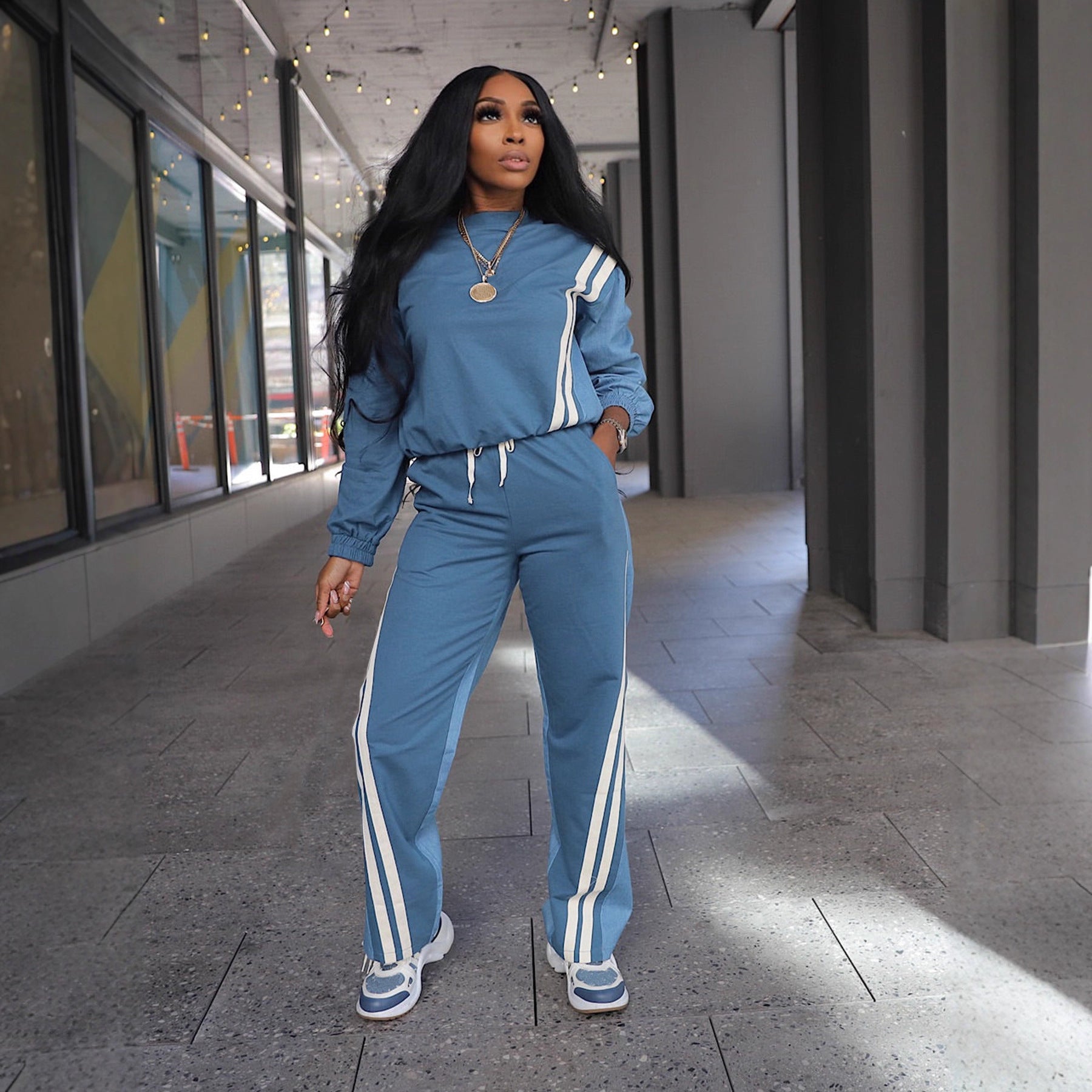 Autumn Winter Sport Color Block Striped Long Sleeve Hoodies Drawstring Pants Two-Piece Set 5