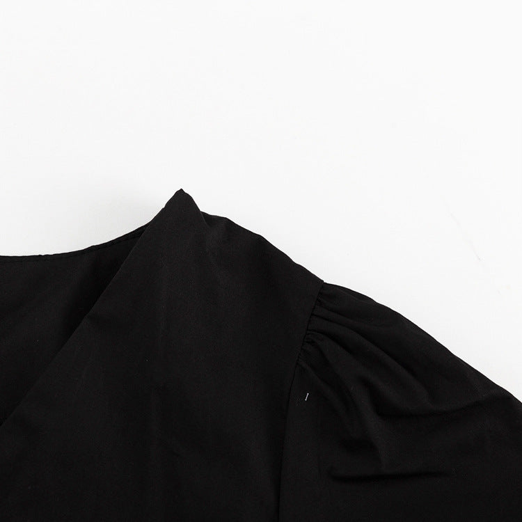 White Ruffled Women's Sexy V-Neck Puff Sleeve Drawstring High Waist Dress 14