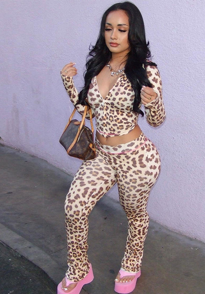 Women Autumn Zipper Hooded Leopard Print Top and Pants Two Piece Set