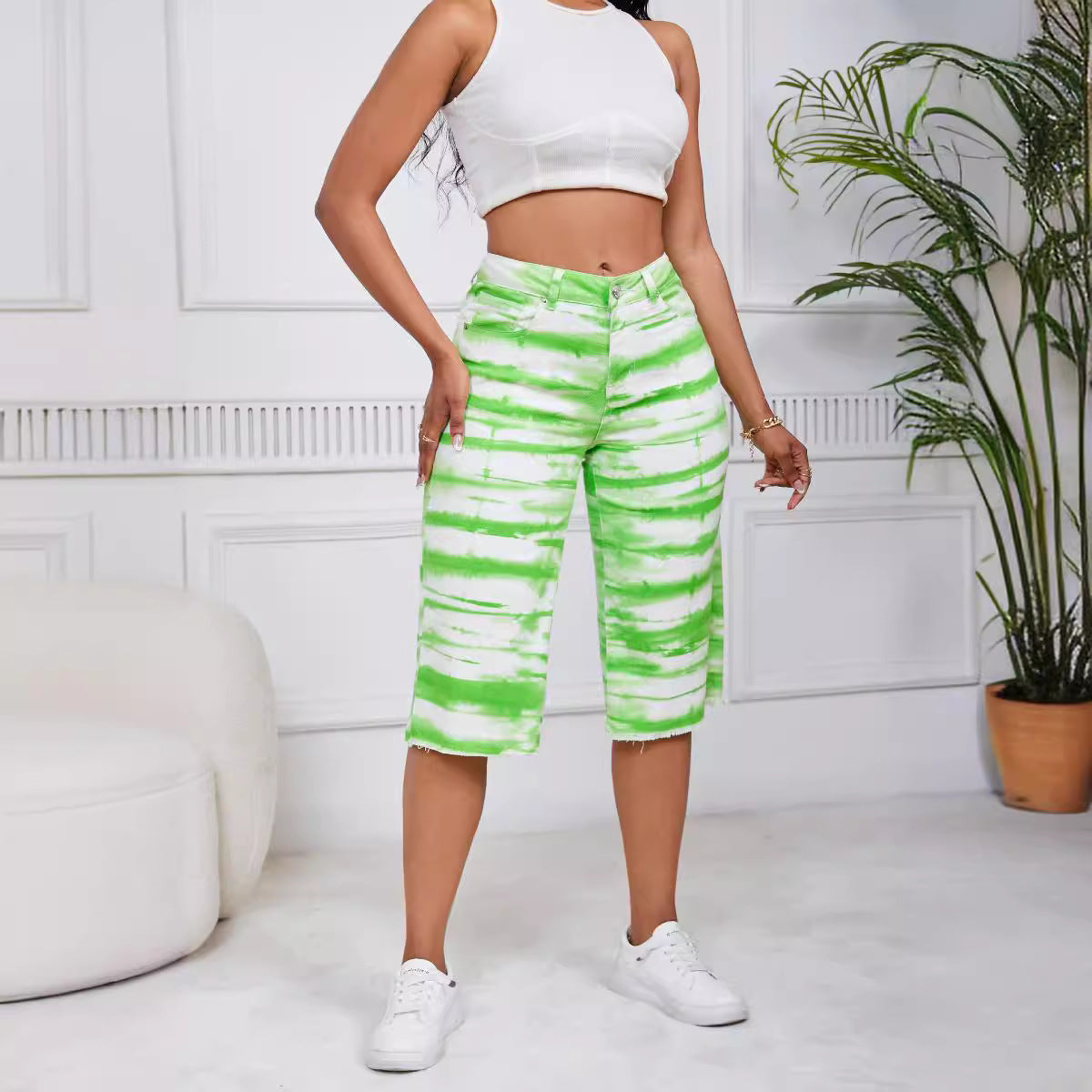 Women Tie Dye Straight Stretch Ripped Denim Cropped Pants Straight Leg Pants 3