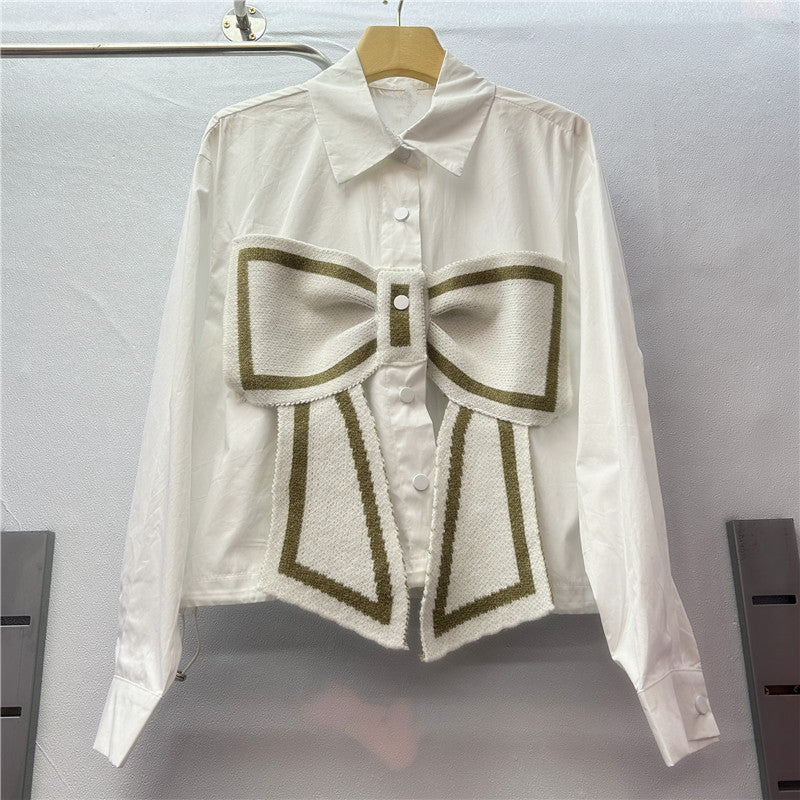 Women long-sleeved Patchwork Knitting shirt bow shirt 8