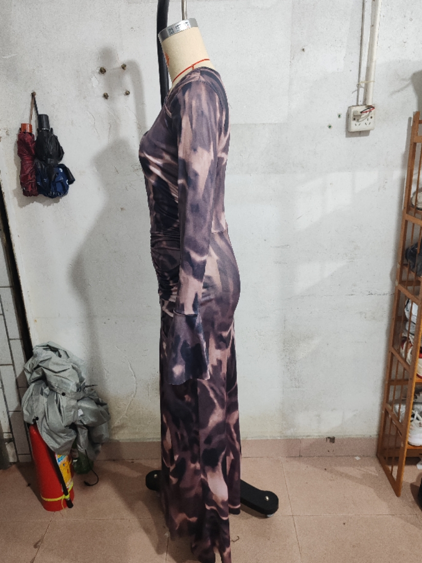 Women Autumn Printed Slash Shoulder Pleated Maxi Dress 5