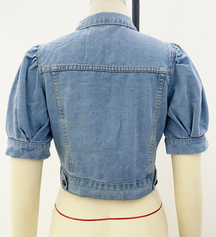 Fashion Button Up Short Sleeve Half Puff Sleeve Women Denim Jacket 9