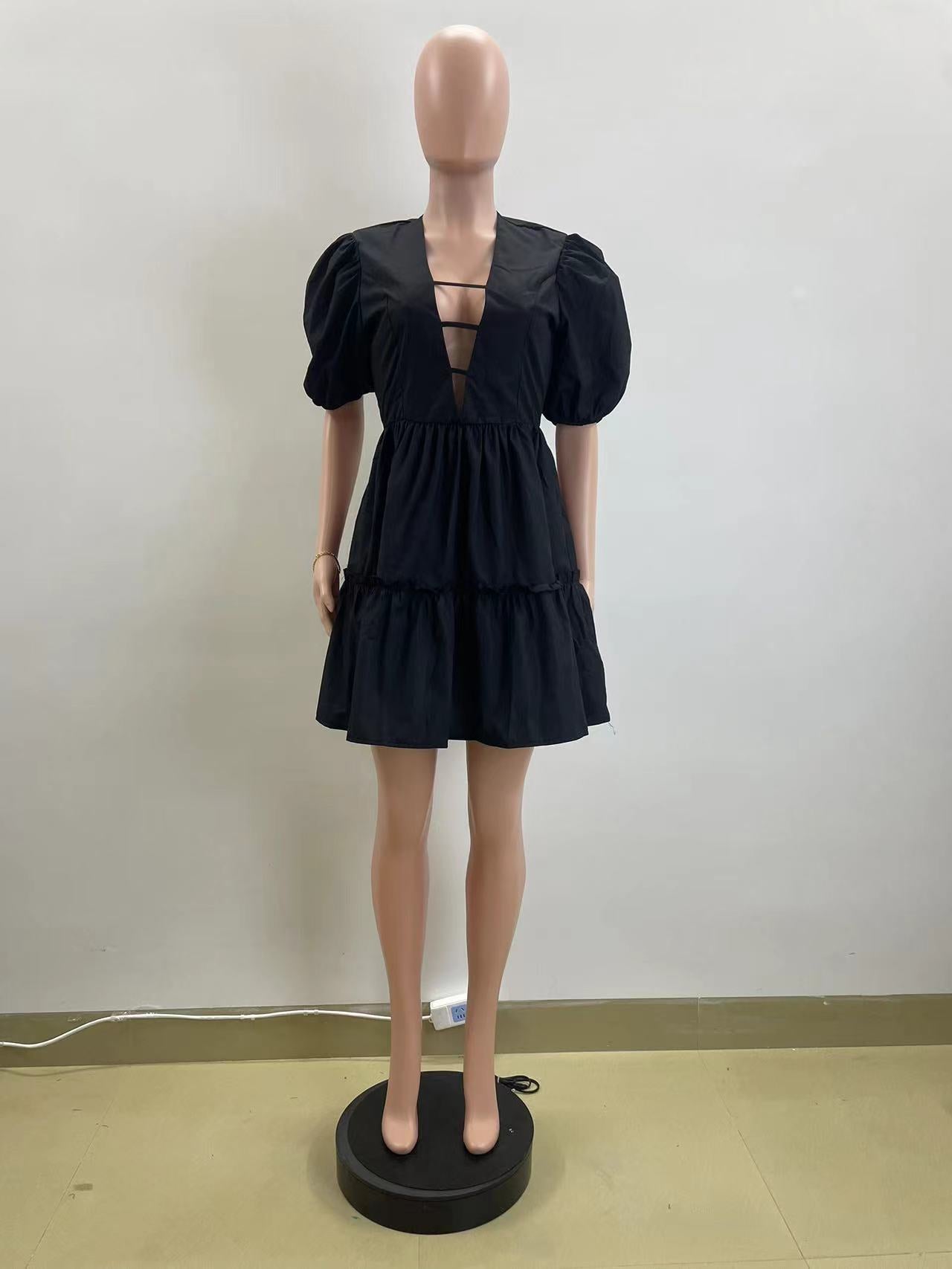 Women's Summer V-Neck Puff Sleeve Slim High Waist A-Line Dress 6