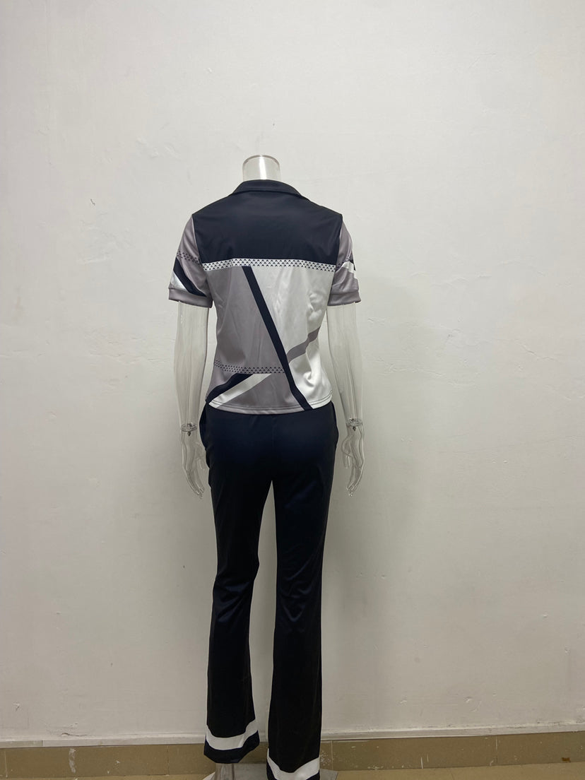 Women Spring Summer Fashion Print Zipper Top and Pant Two-Piece Set 24