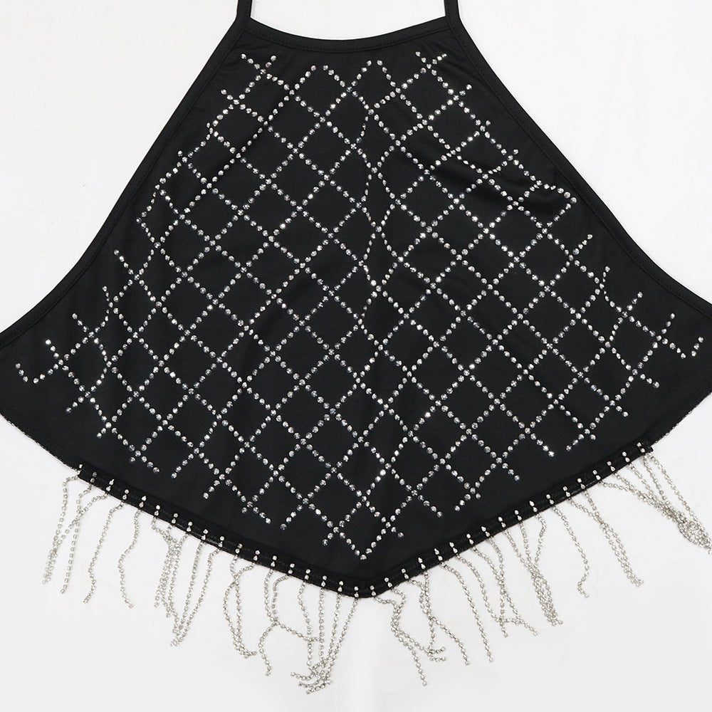 Fashion Sexy Lace-Up Beaded Tassel Top Bodycon Short Skirt Solid Color Two-Piece Set 6