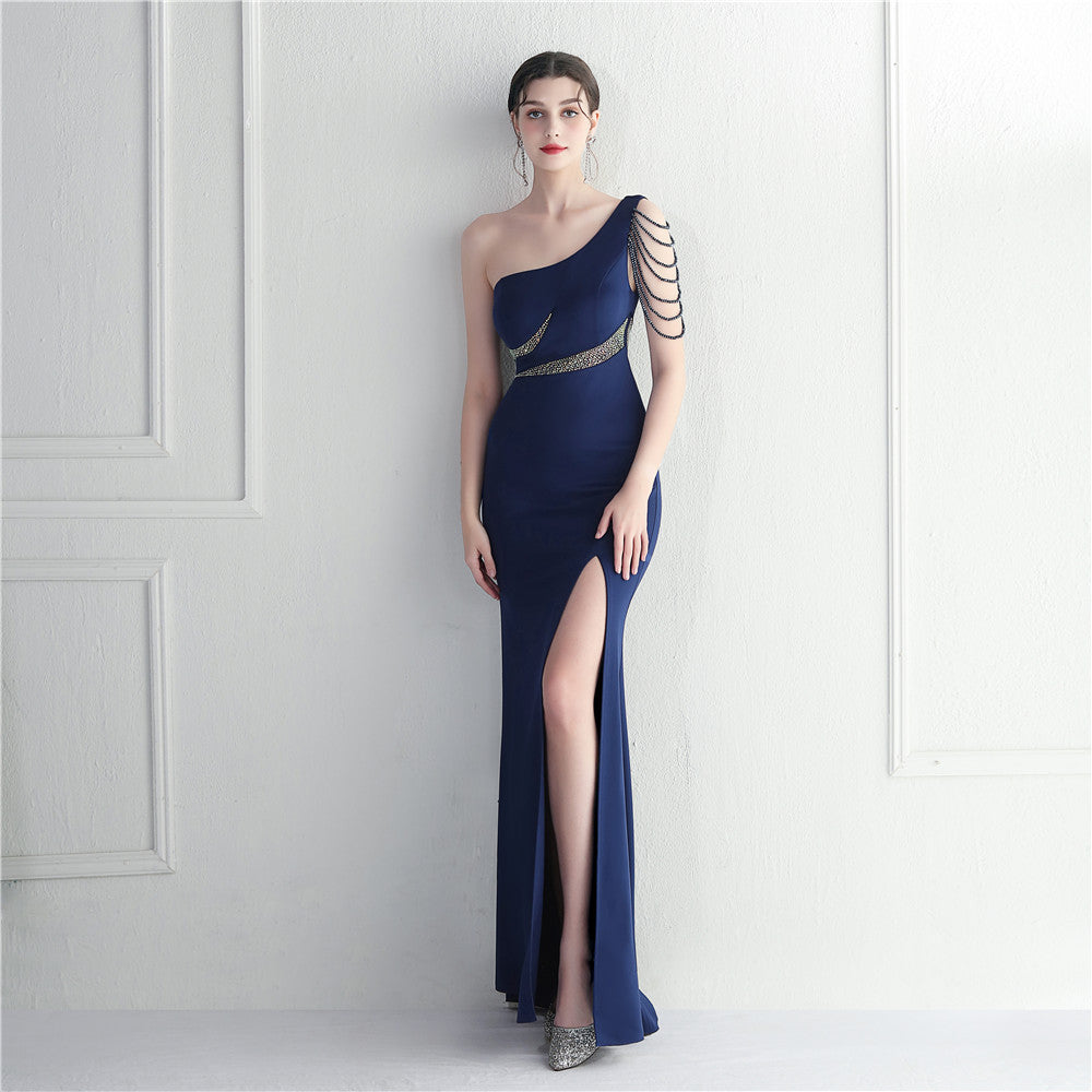 Beaded Bridesmaid Party Gown Sexy One Shoulder Long Evening Dress 6