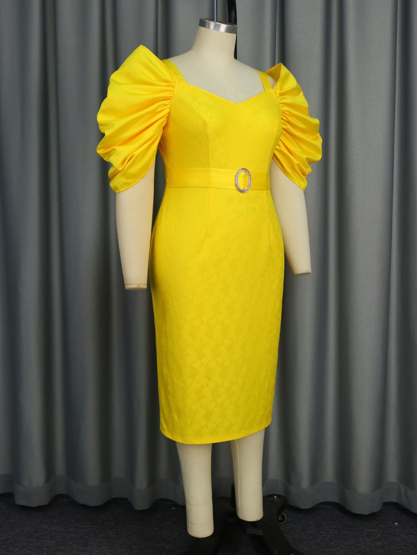 V-Neck Pleated Sleeve Low Back Formal Dinner Lace High Waist Party Dress 5