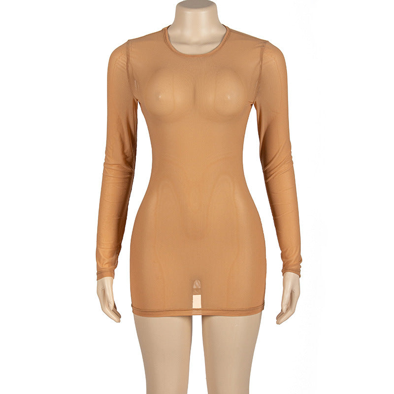 Autumn Solid Color Round Neck Long Sleeve Mesh Sexy Long Sleeve Bodycon Dress 11