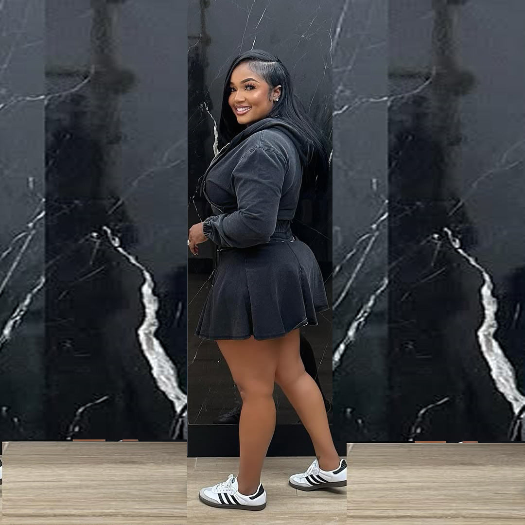 Women Casual Washed Long Sleeve Top and Denim Skirt Two-piece Set 7