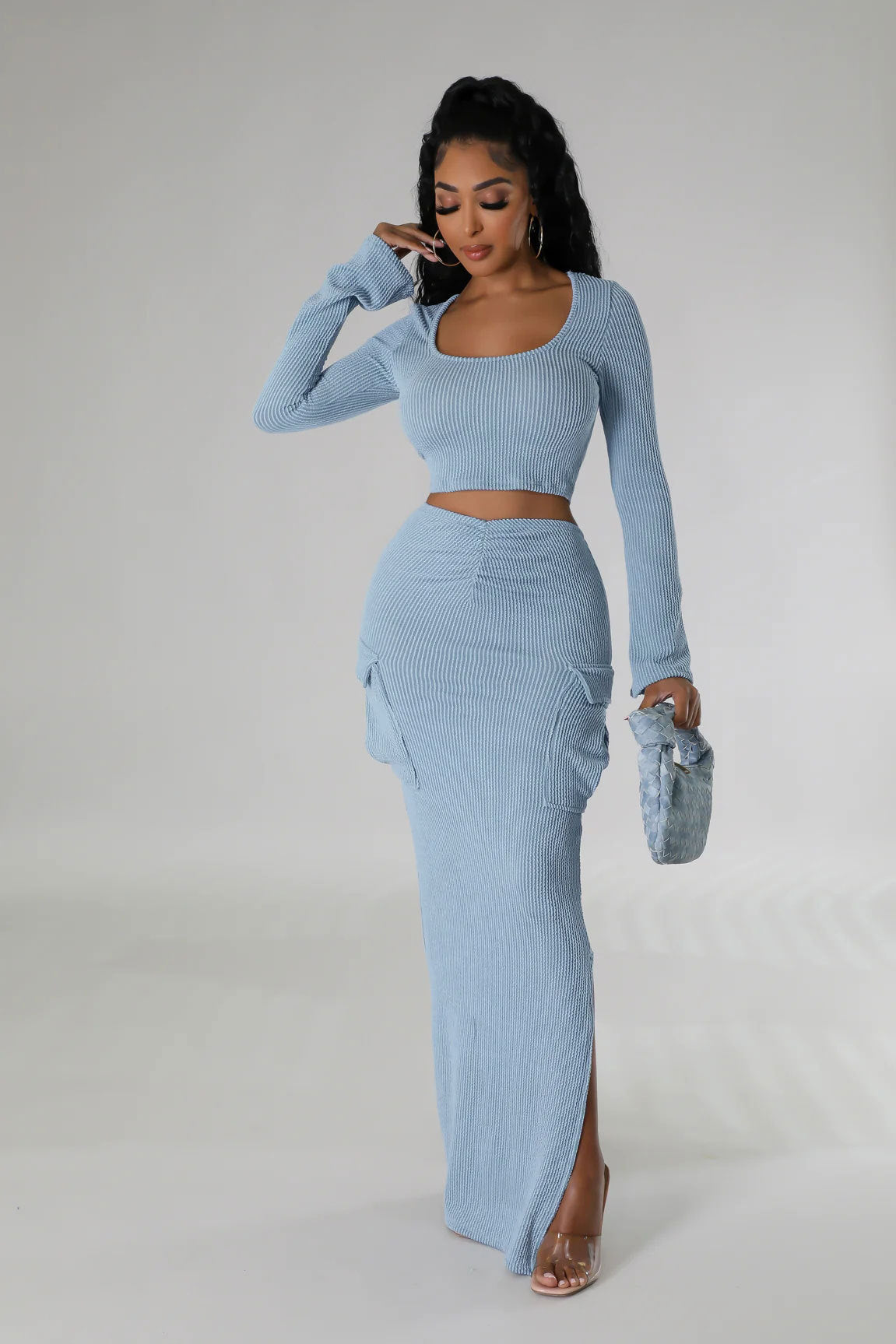 U-neck Tight Fitting short top with high waist and slit Bodycon long skirt autumn and winter two-piece set