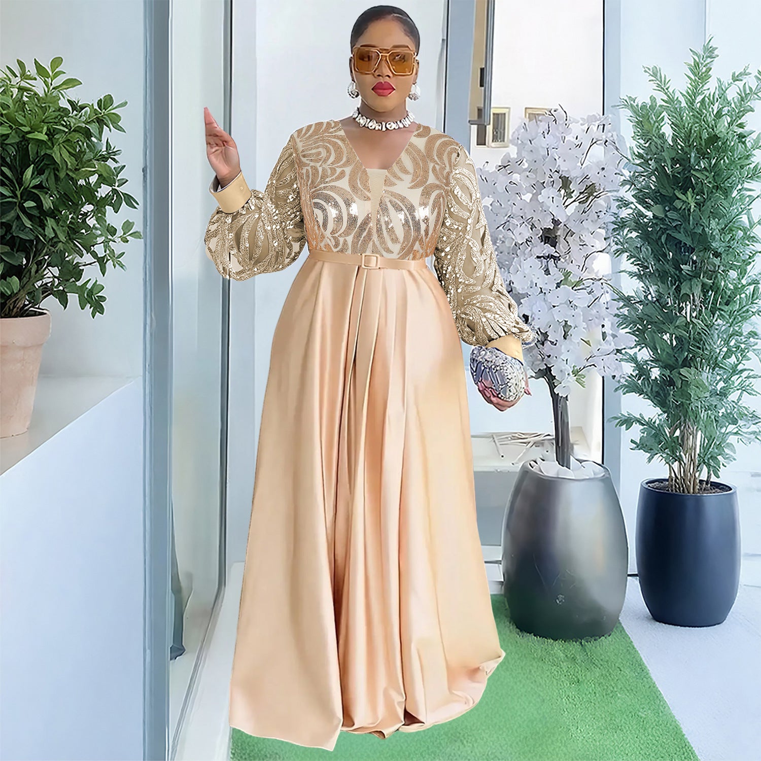 Plus-size African Women sequined lace long-sleeved V-neck elegant maxi dress