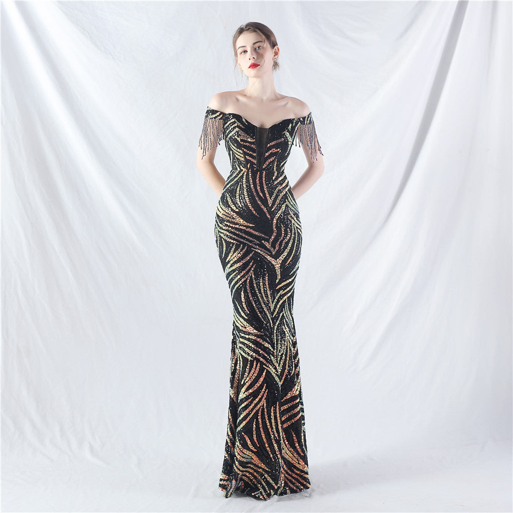 Off Shoulder Tassels Fishbone Slim Waist Lace-Up Sequin Evening Dress