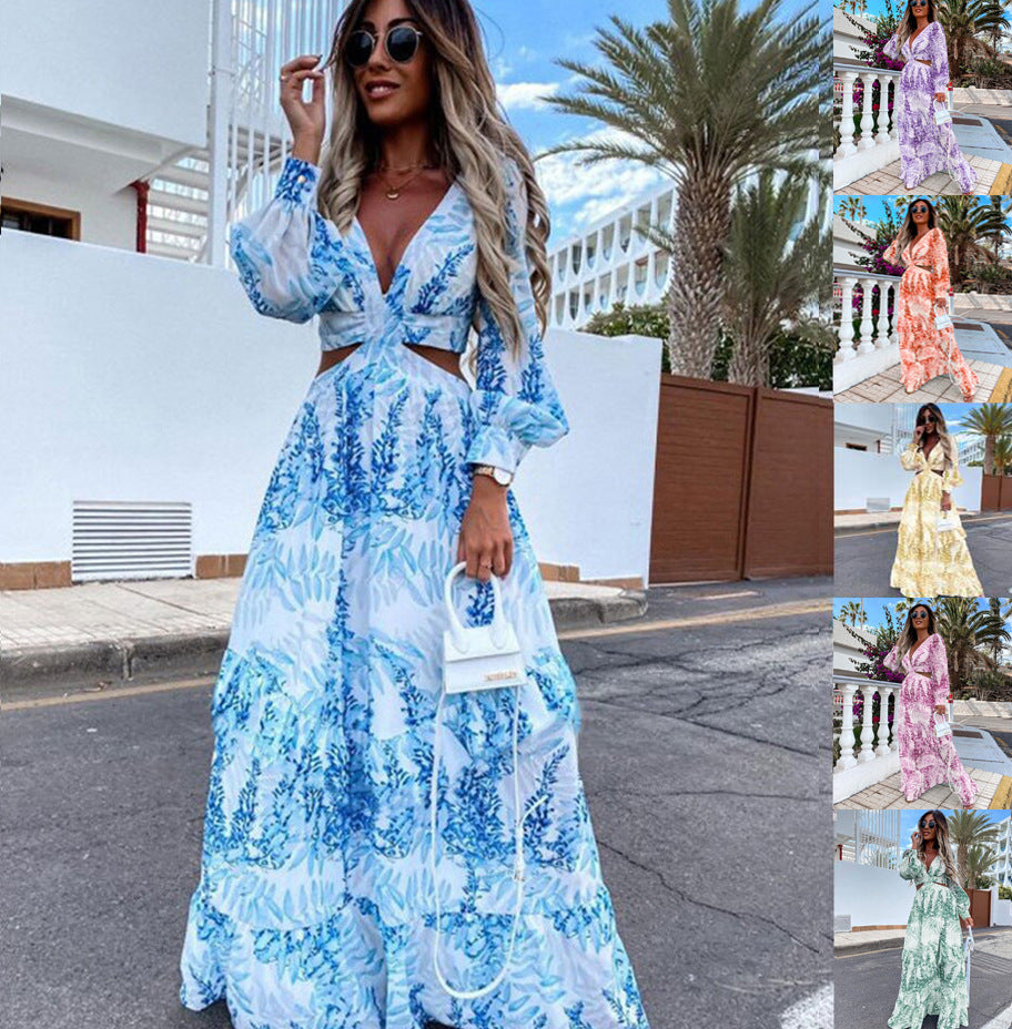 Fashion Women Clothing Spring Long Printed V-Neck Long Sleeve Maxi Dress