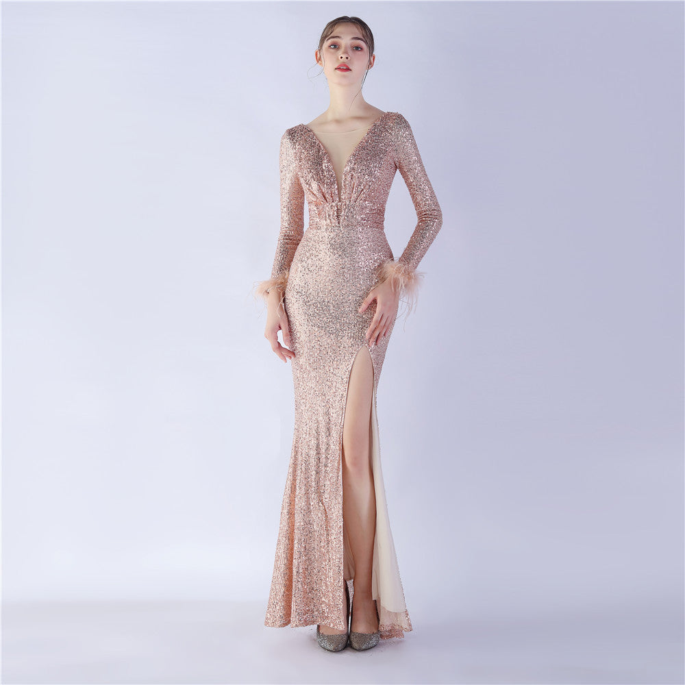 Women Elegant Ostrich Feather Long Sleeve Sequined Formal Party Evening Dress 8