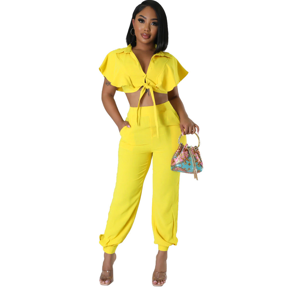 Ruffle Sleeve Crop Short turndown collar Shirt High Waist Casual Fashion pants Women's Two-piece Set 6
