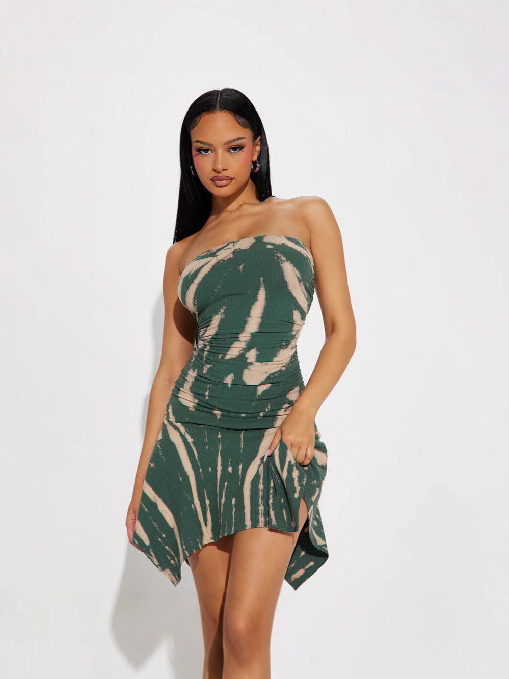 Women's Fashion Sexy Strapless Print Slim Waist Asymmetrical Dress 4