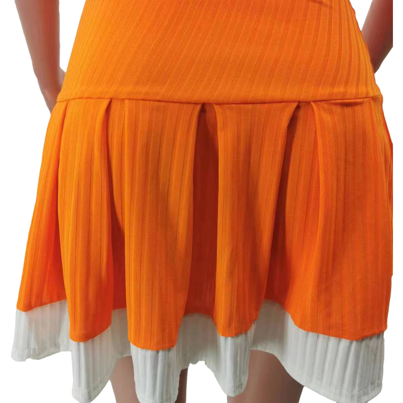 Women Casual Sexy Colorblock Zipper Top And Pleated Skirt Two-Piece Set 13