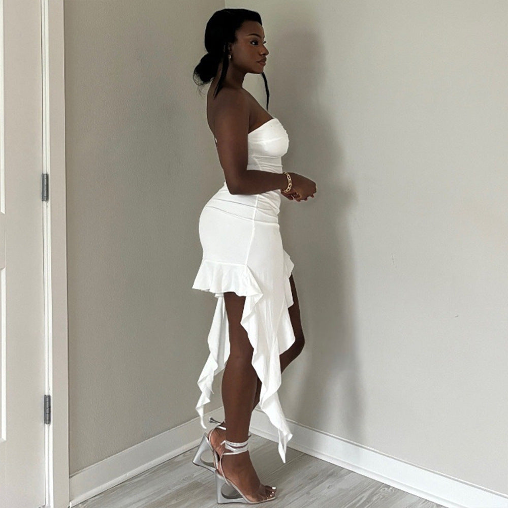 Women's Strapless Irregular Solid Color Ruffled Bodycon Dress 4