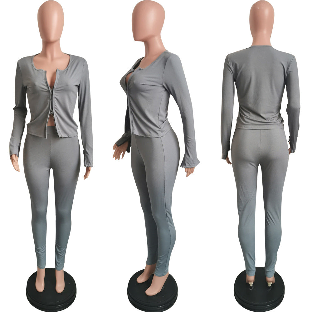 Women Solid Casual Zippered Ribbed Top and Pants Two-piece Set 11
