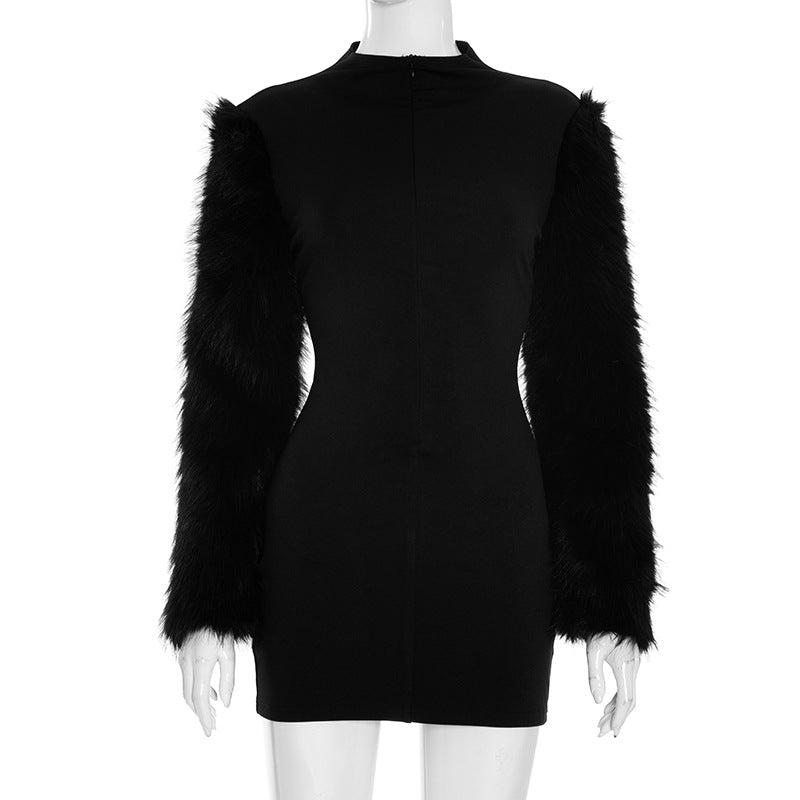 Women Autumn Zipper Neck Long-Sleeved Fur Paneled Sexy Bodycon Dress 7