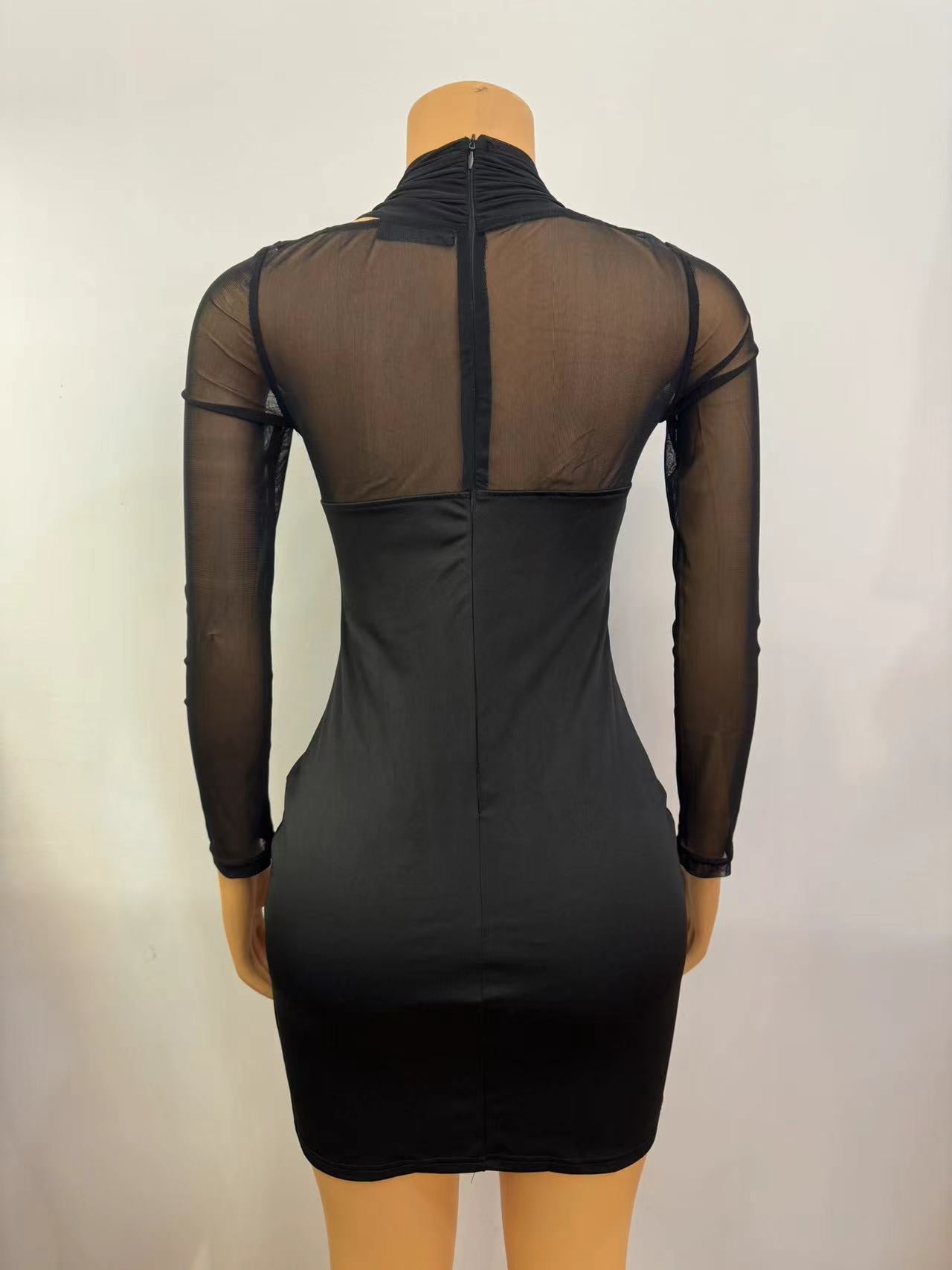 Women Halter Neck Sexy Mesh Patchwork Long Sleeve Bodycon Dress 12
