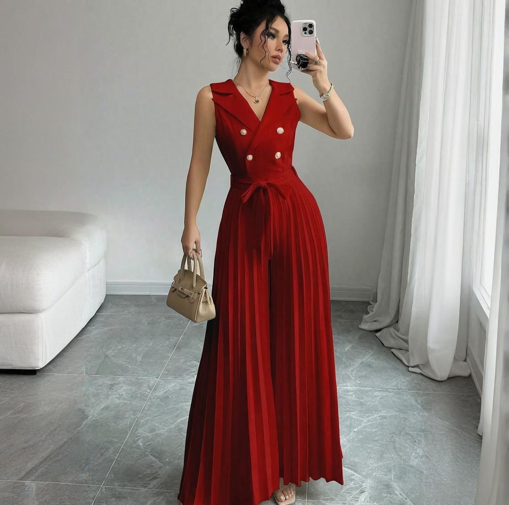 Women summer sleeveless v-neck lace pleated Maxi Jumpsuit 5