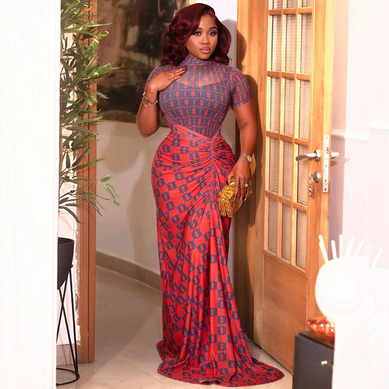 Slim Waist Women's See-Through Mesh Patchwork Pleated Printed High Neck Long Dress 5