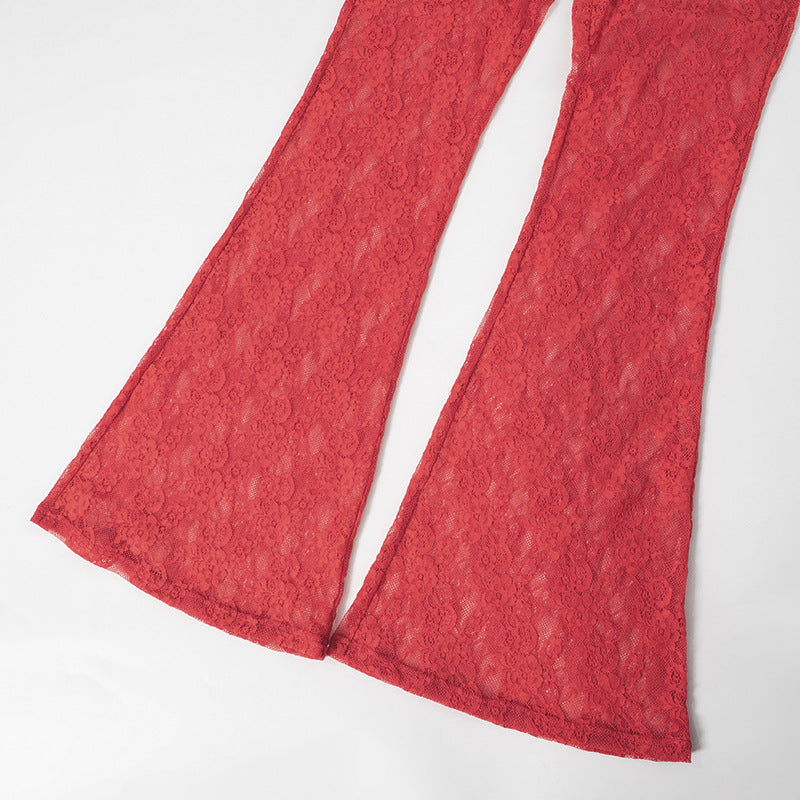 Women's Spring Solid Casual Lace Crop Strapless Top Slim Bell Bottom Pants Two Piece Set 18